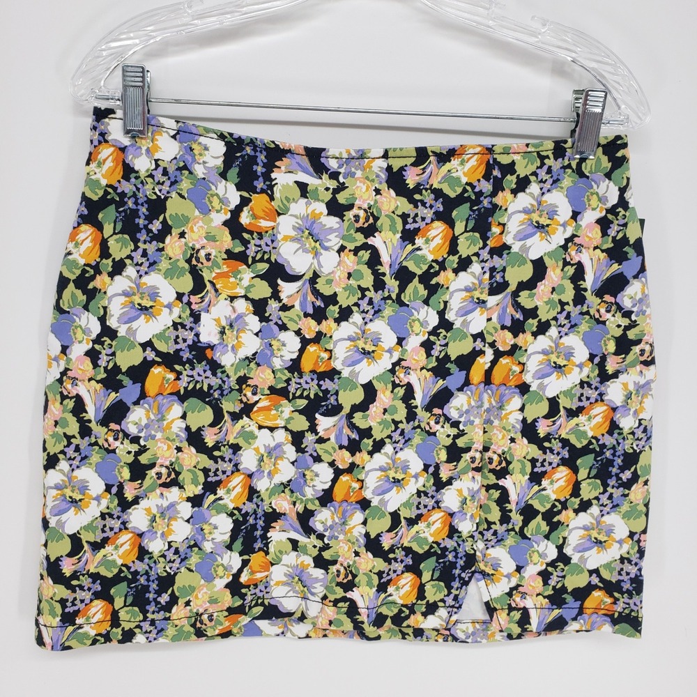 Wild Fable Floral Mini Skirt Women Size 10 Black Multicolor Front Slit NWT Boho